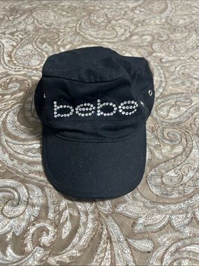 bebe Black Military-Style Cap with Crystal Logo